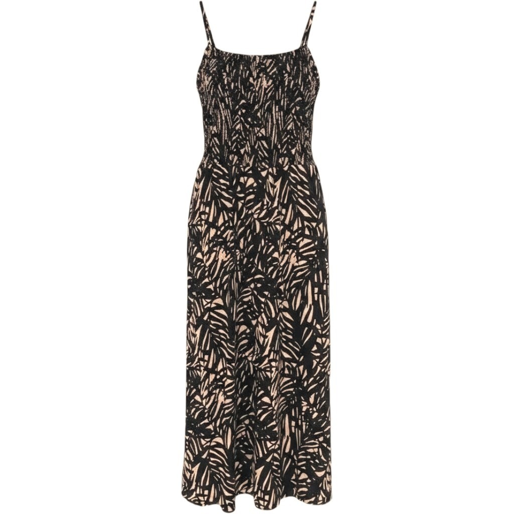 Old Navy Safari Midi Dress Xs Black Beige Tropical Palm Smocked Restort Coastal